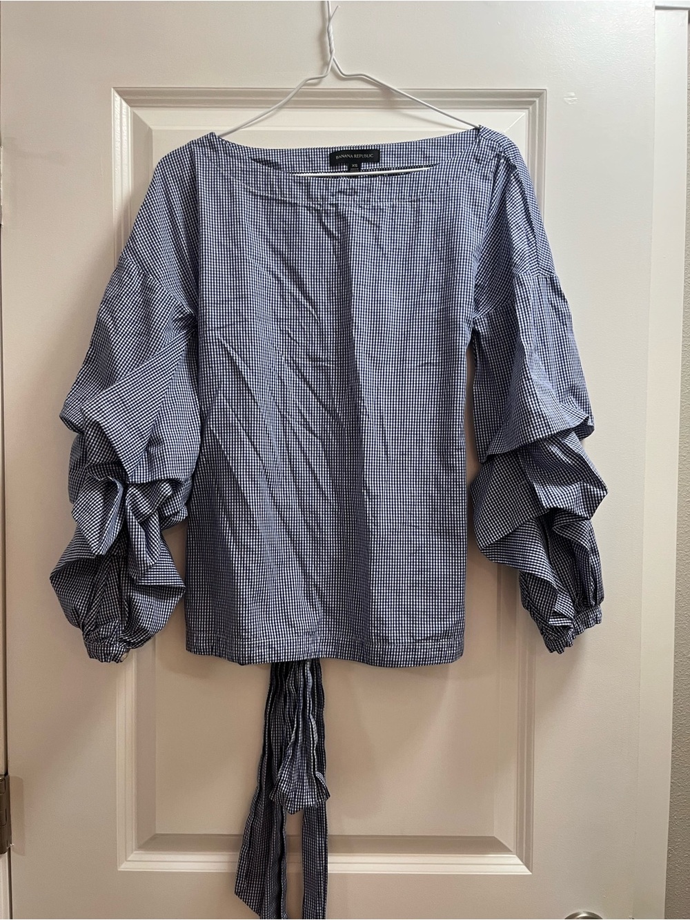 Banana Republic Blue Gingham Ruffle Sleeve Tie-Back Blouse